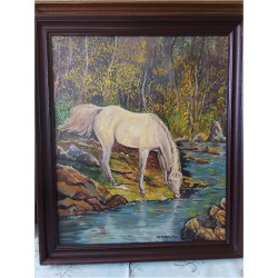 PEINTURE CHEVAL S’ABREUVANT...