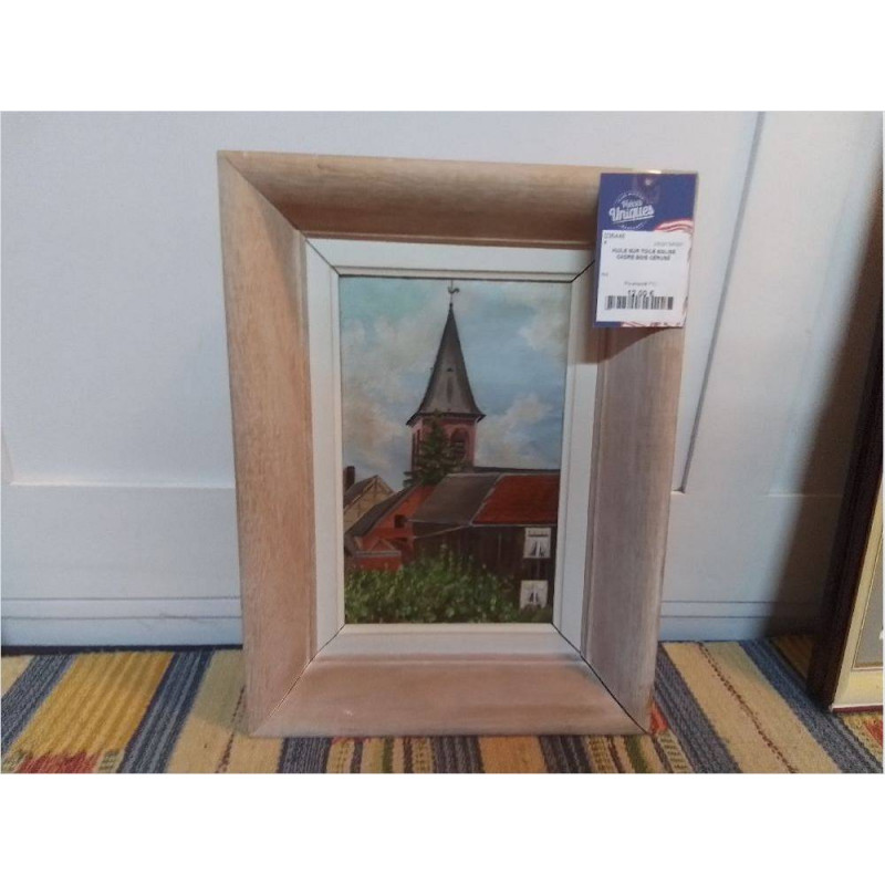 HUILE SUR TOILE EGLISE CADRE BOIS CÉRUSÉ
