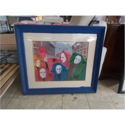 AQUARELLE SOUS VERRE CARNAVAL SIGNÉE NEEL 94X81
