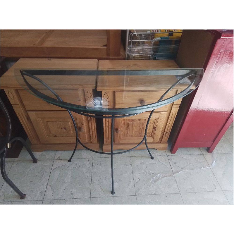 CONSOLE DEMI-LUNE FER FORGÉ DESSUS VERRE