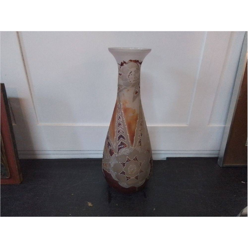 VASE EN VERRE PEINT SIGNÉ CARLY H: 44CM