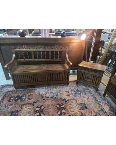 ENSEMBLE INDONÉSIEN EN TECK BANC + 2 FAUTEUILS + ÉTAGÈRE + 2 TABLES BASSES