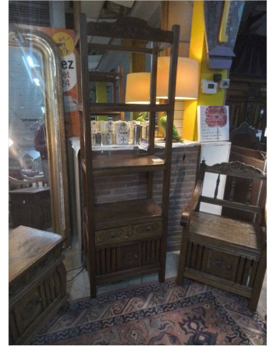 ENSEMBLE INDONÉSIEN EN TECK BANC + 2 FAUTEUILS + ÉTAGÈRE + 2 TABLES BASSES