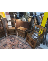 ENSEMBLE INDONÉSIEN EN TECK BANC + 2 FAUTEUILS + ÉTAGÈRE + 2 TABLES BASSES