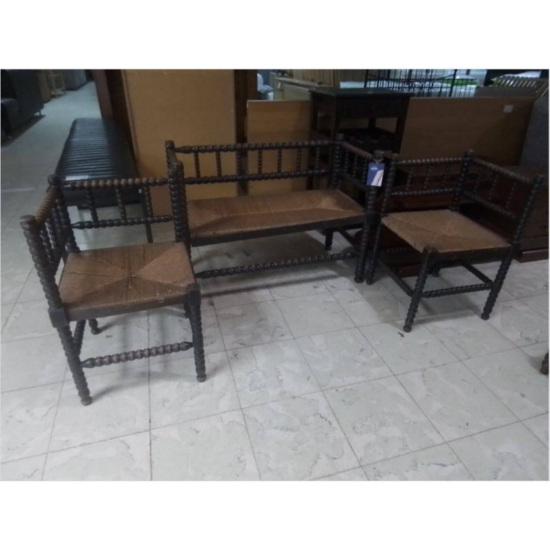 PETIT SALON ANCIEN ASSISE PAILLEE BANQUETTE ET 2 CHAISES