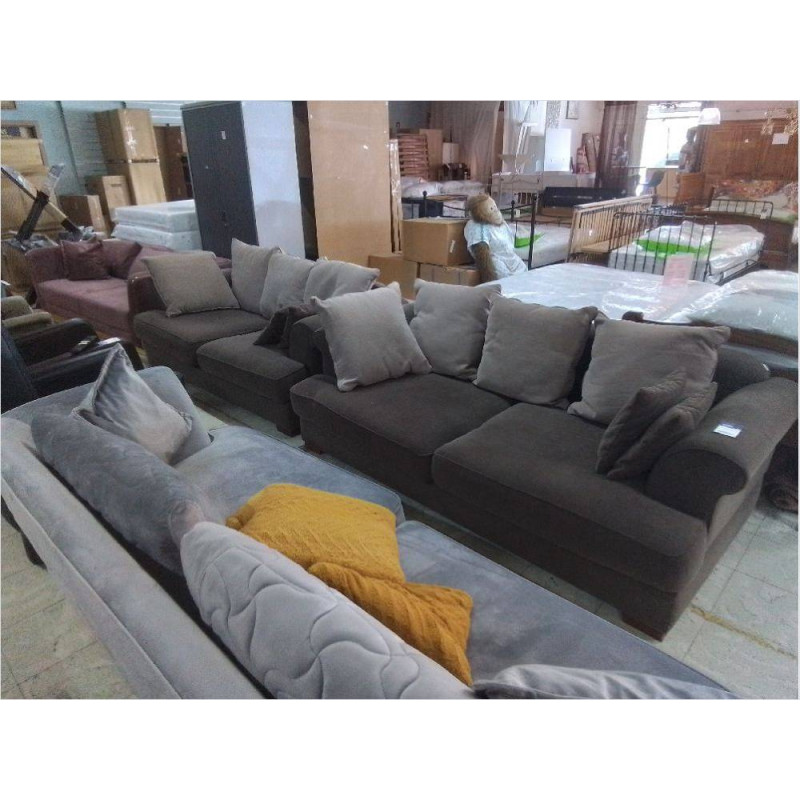 SALON 3+3 TISSU GRIS AVEC COUSSINS