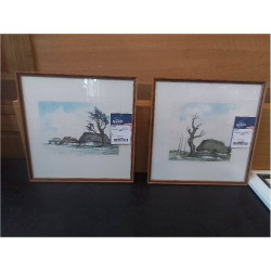 AQUARELLE PAYSAGE AVEC CADRE