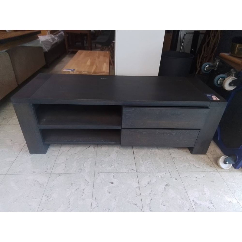 MEUBLE TELE BAS BOIS MASSIF GRIS 2 TIROIRS 