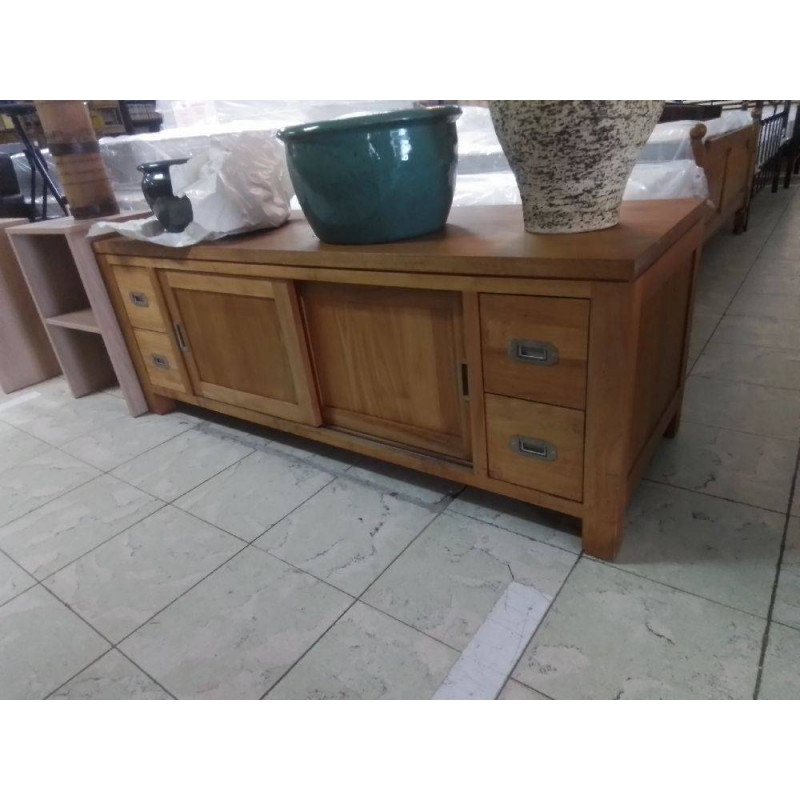 MEUBLE TELE BAS TECK 2 PORTES 4 TIROIRS 