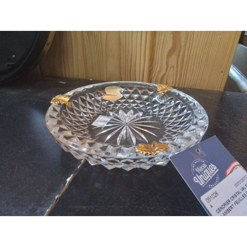 CENDRIER CRISTAL VAL SAINT LAMBERT FEUILLES DORÉES