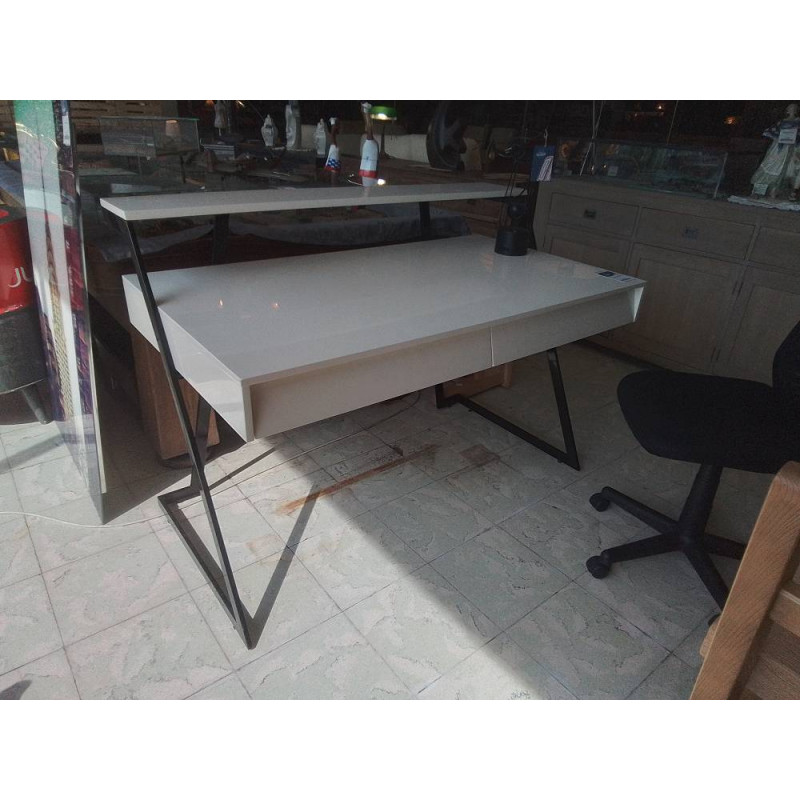BUREAU DESIGN LAQUÉ BLANC PIED MÉTAL 2 TIROIRS