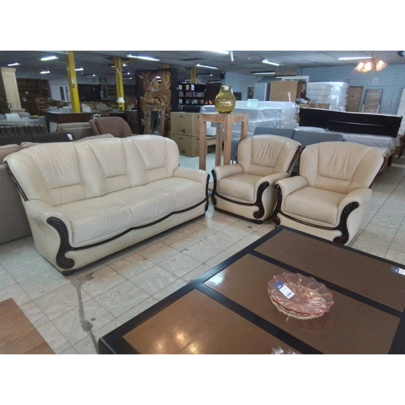 SALON 3+1+1 CUIR CREME ET BOISERIE 