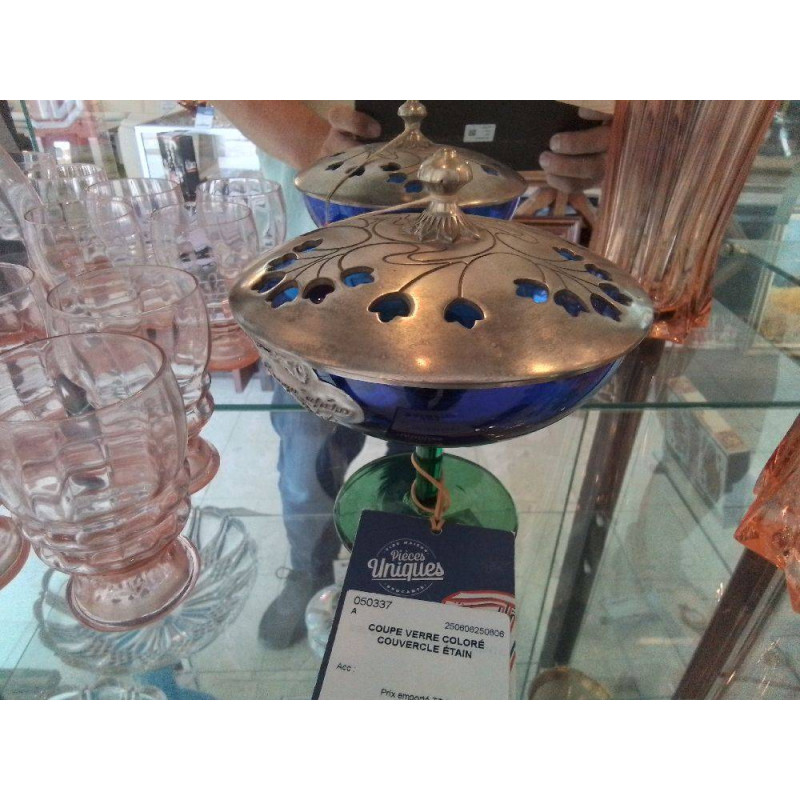 COUPE VERRE COLORÉ COUVERCLE ÉTAIN