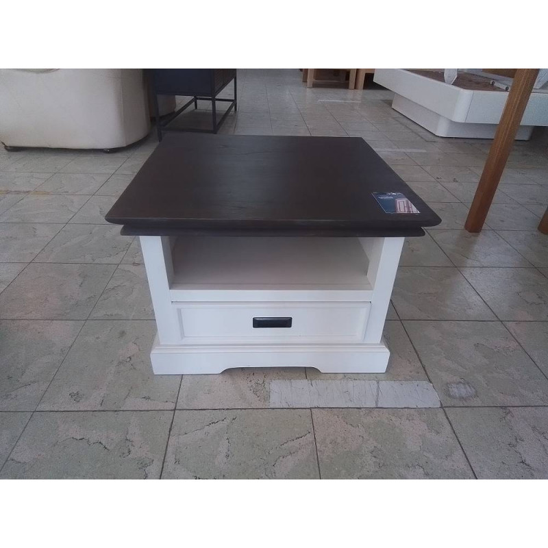 TABLE BASSE CARREE BLANCHE DESSUS BOIS 1 TIROIR 60X60