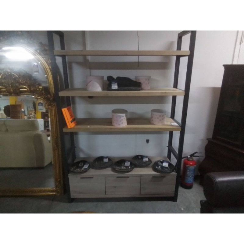 BIBLIOTHEQUE OUVERTE BOIS NATUREL ET METAL 3 TIROIRS JB