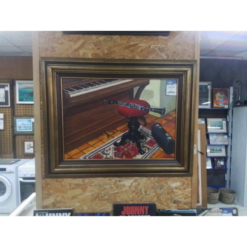 HUILE SUR PANNEAU INSTRUMENTS DE MUSIQUE SIGNE A. MUSCH 