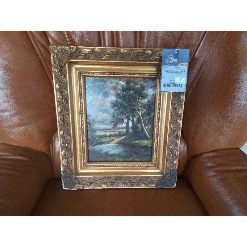 HUILE SUR PANNEAU PAYSAGE ENCADREMENT DORE