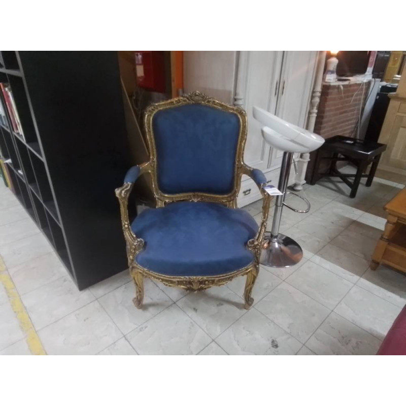 FAUTEUIL STYLE LOUIS XV TISSU BLEU BOIS DORÉ