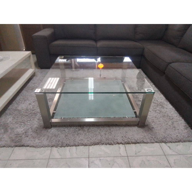 TABLE DE SALON CARREE PIIEDS EN ALU ET 2 PLATEAUX EN VERRE
