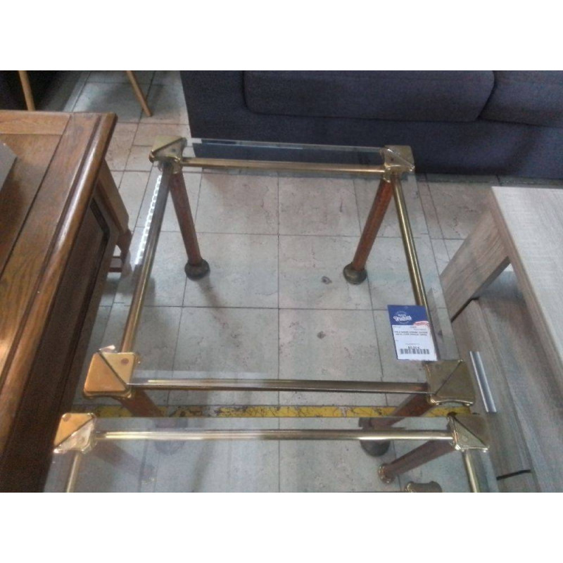 TABLE BASSE CARREE VINTAGE METAL DORE DESSUS VERRE