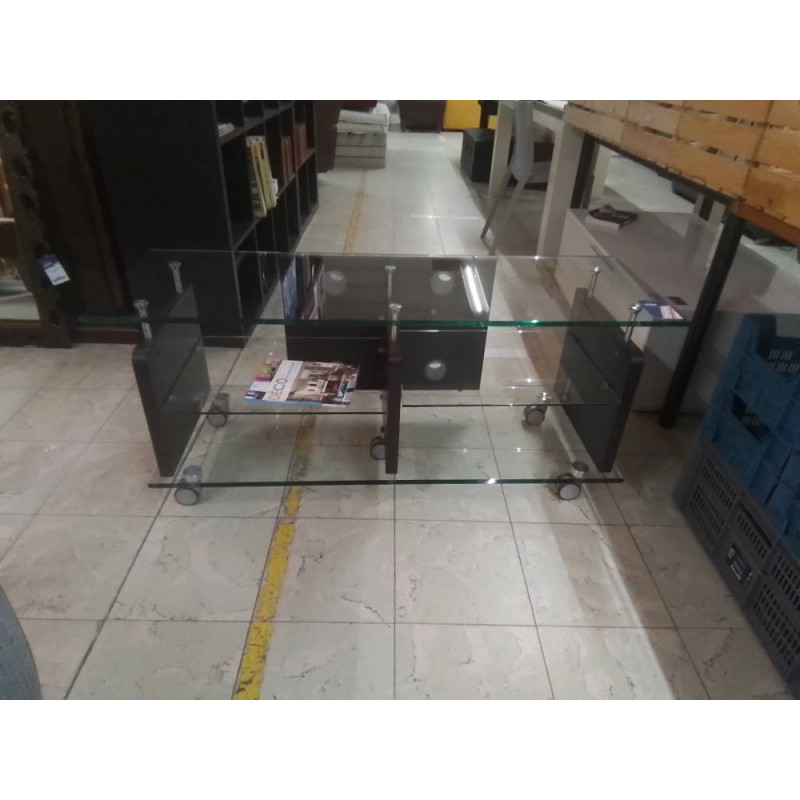 MEUBLE TELE BAS VITRE SUR ROULETTES 