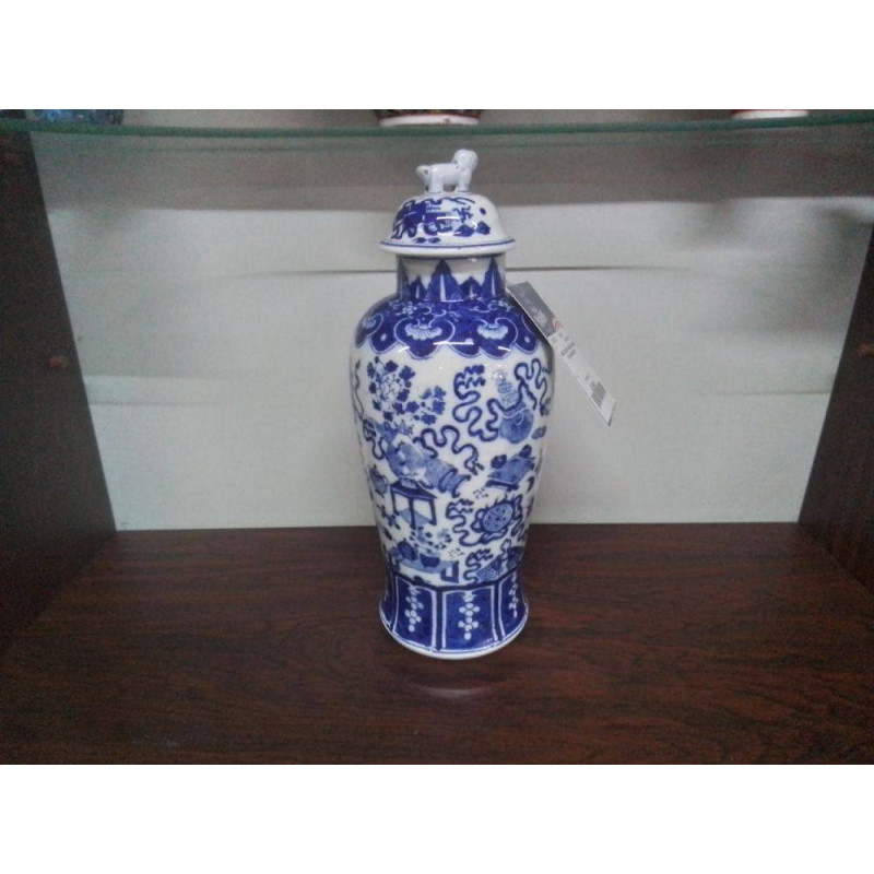 VASE COUVERT FAIENCE BLEUE ET BLANCHE 33CM