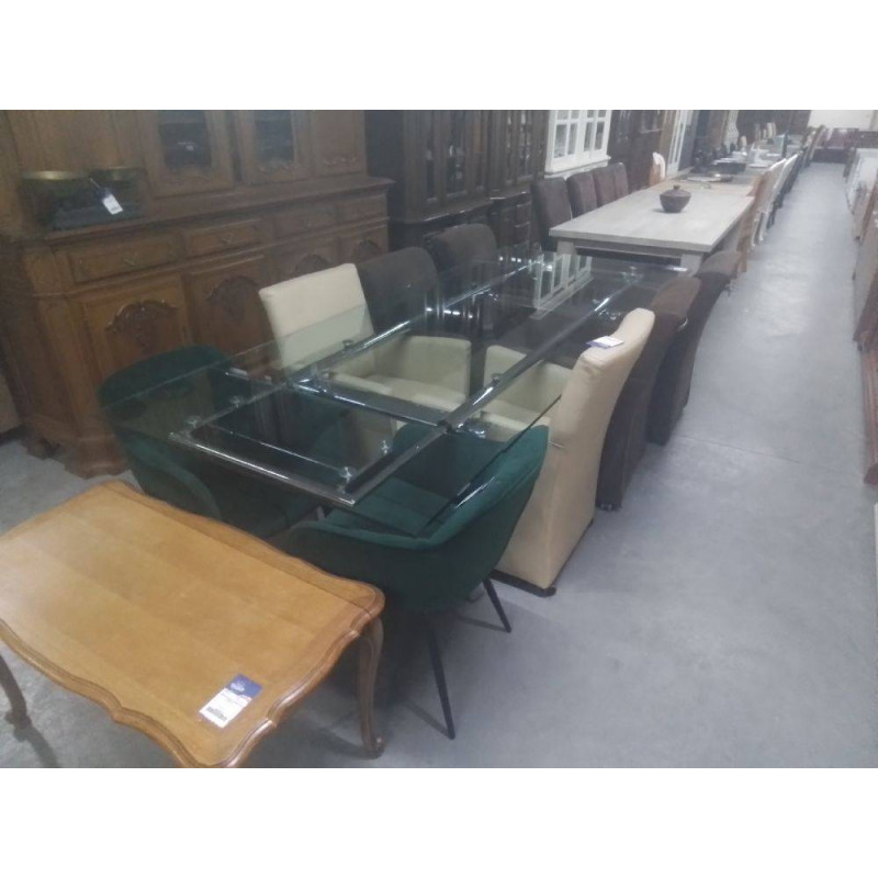 TABLE A ALLONGE DESIGN METAL CHROME ET VERRE