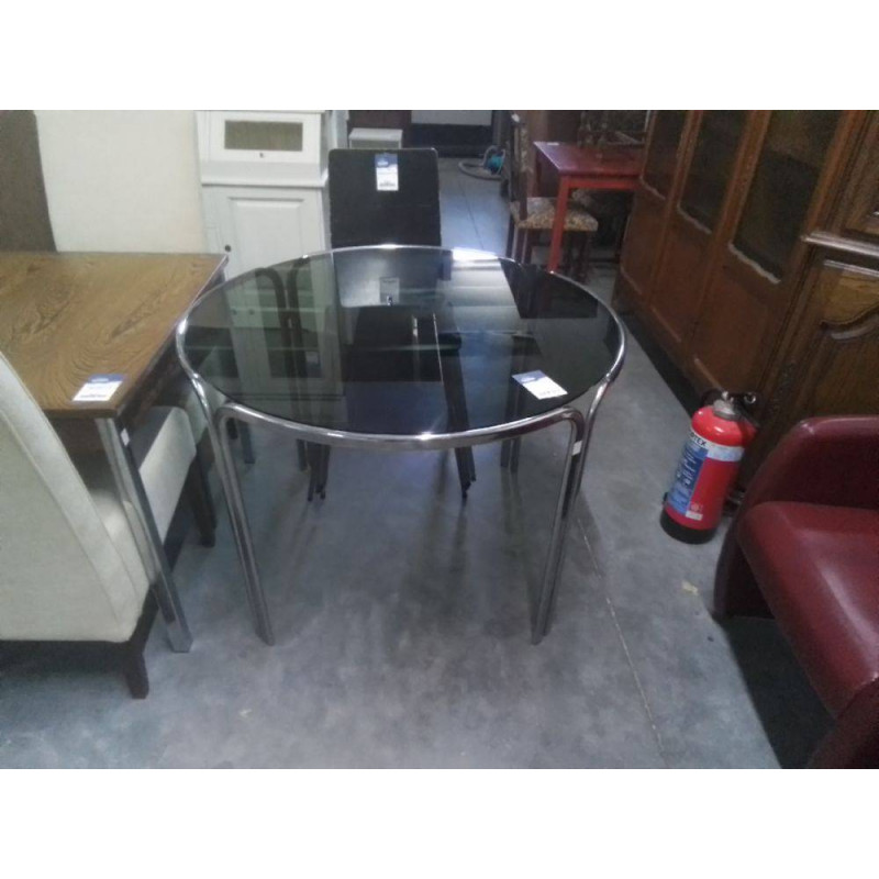 TABLE RONDE VINTAGE CHROME ET VERRE FUME