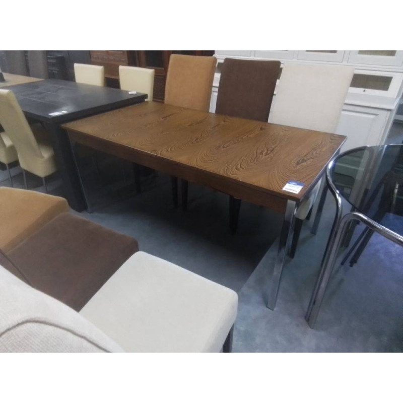TABLE VINTAGE PLACAGE CHENE AMERICAIN PIEDS CHROME AVEC ALLONGE