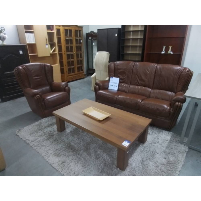 SALON 3+1 CUIR BRUN & BOISERIE