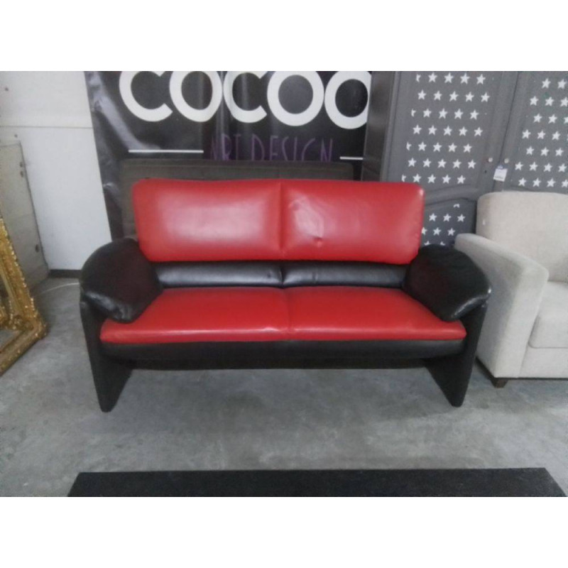 CANAPE 2 PLACES CUIR BICOLORE ROUGE ET NOIR