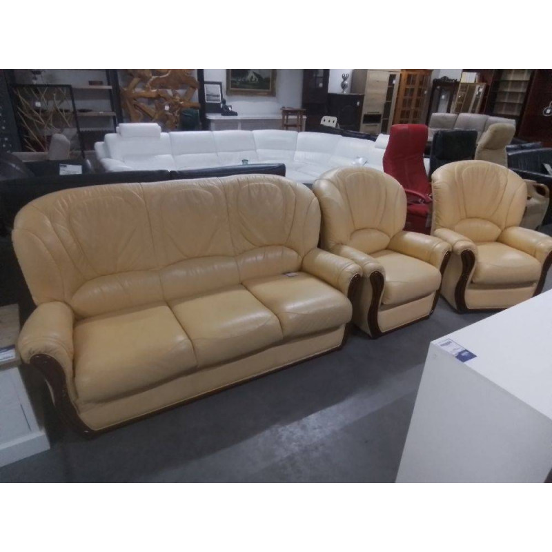 SALON 3+1+1 CUIR CREME ET BOISERIE