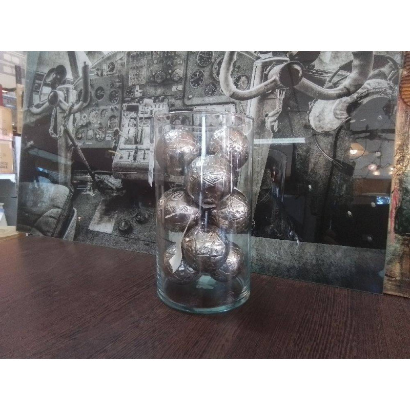 VASE EN VERRE AVEC BOULES EN METAL