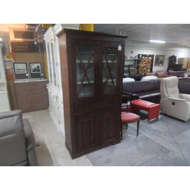 ARMOIRE VITREE BOIS EXOTIQUE 4 PORTES 1 TIROIR